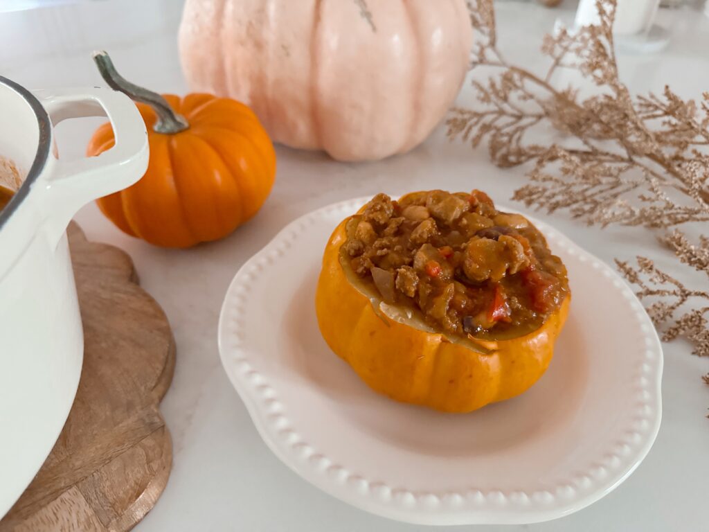 stir and gather blog pumpkin chili served in a small pumpkin