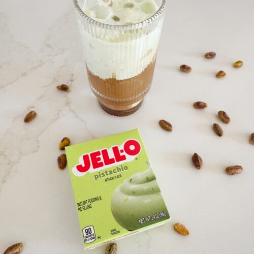 stir and gathers iced jello pistachio protein coffee