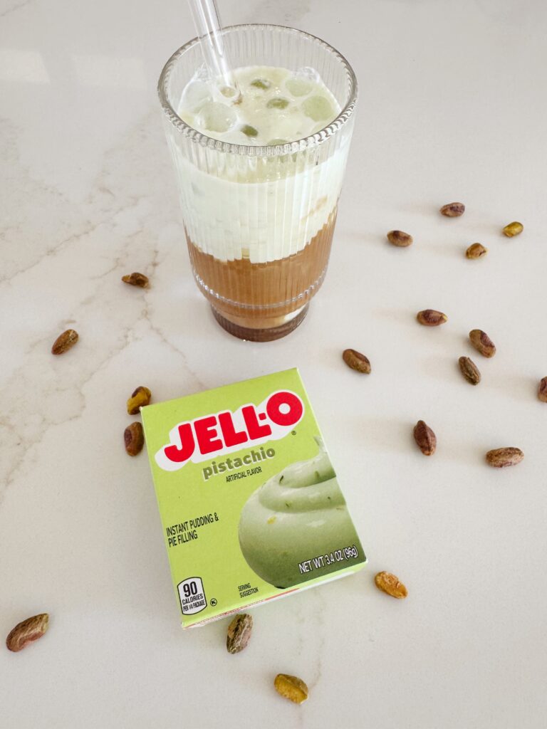 stir and gathers iced jello pistachio protein coffee