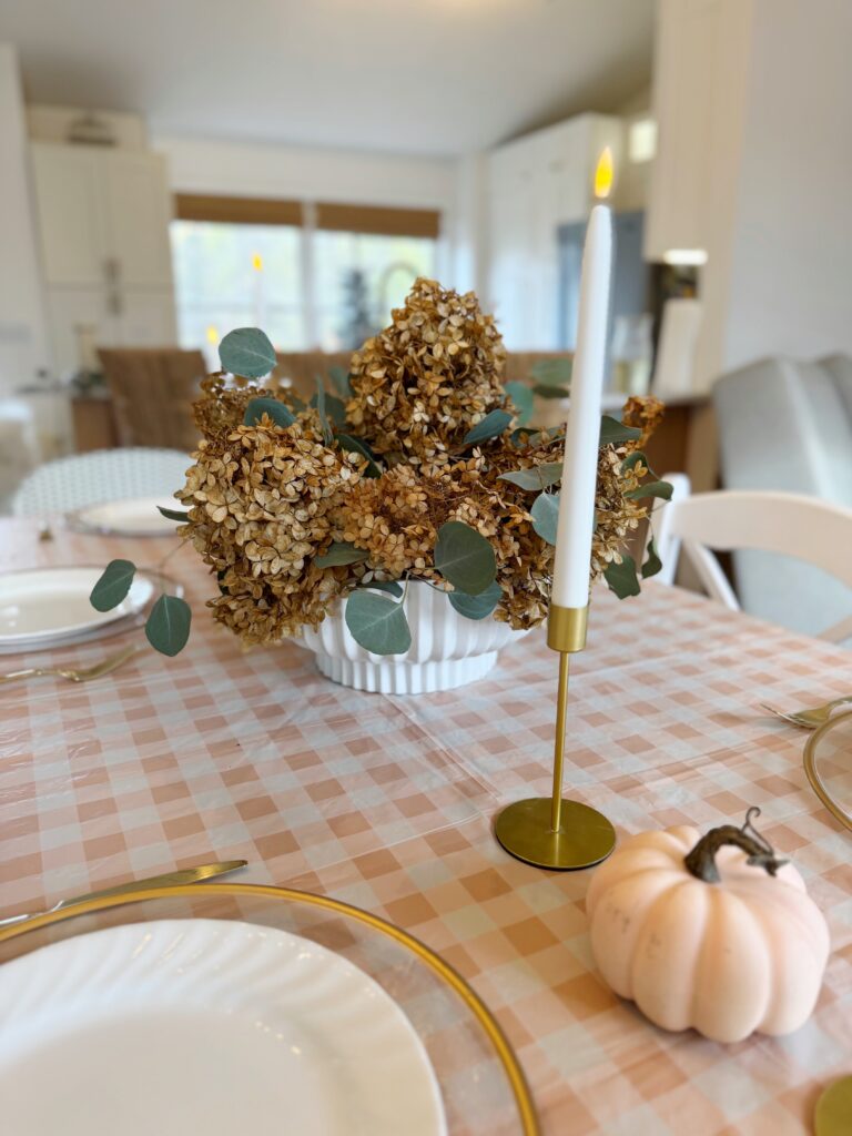 Stir and Gather Thanksgiving hydrangea and eucalyptus centerpiece