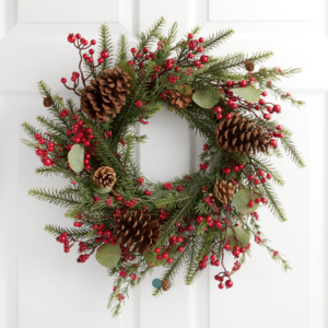 pinecone, red berry and eucalyptus wreath stir and gather
