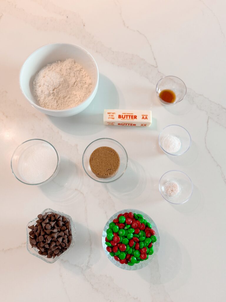 ingredients for stir and gather's Christmas chocolate chip m&m cookies