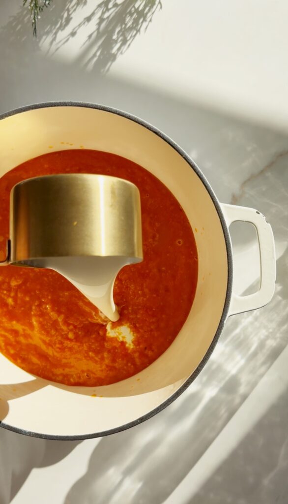 stir and gather pouring heavy whipping cream into homemade tomato soup