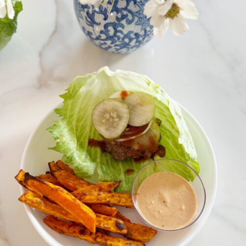 stir and gather easy weeknight dinner of lettuce wrap burgers and sweet potato fries with tangy fry sauce