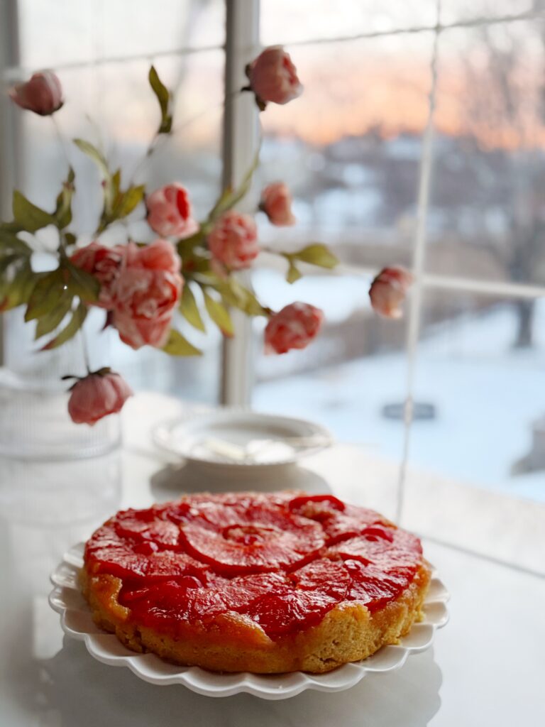 stir and gather pink pineapple upside down cake at sunset