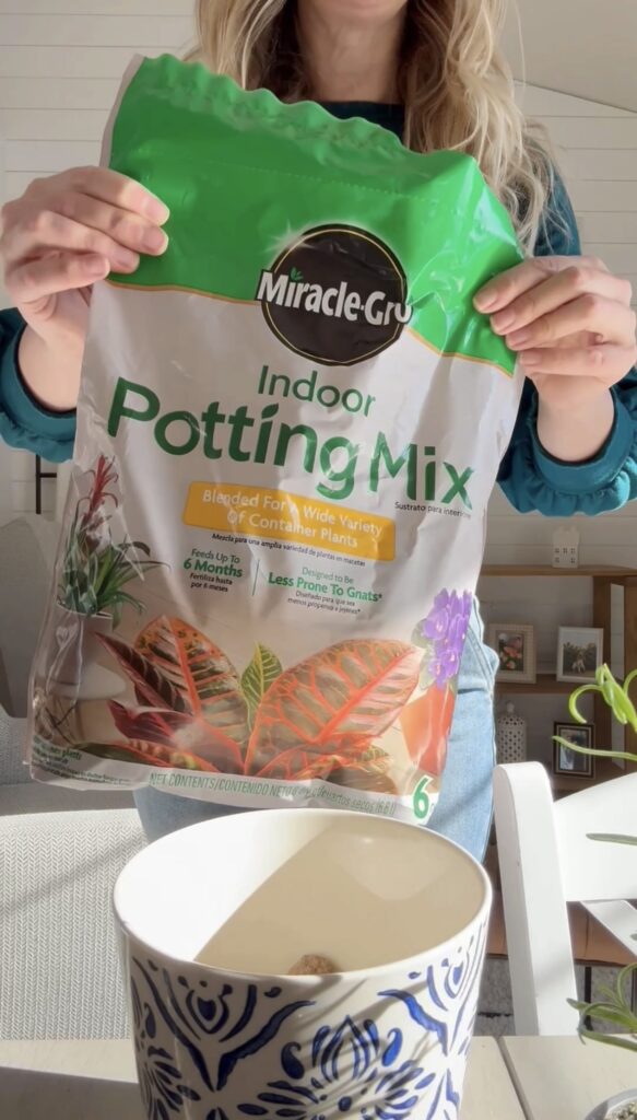 stir and gather using Miracle Grow to fill a planter