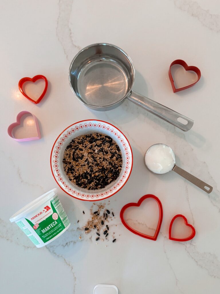stir and gather DIY heart shaped bird feeders with lard