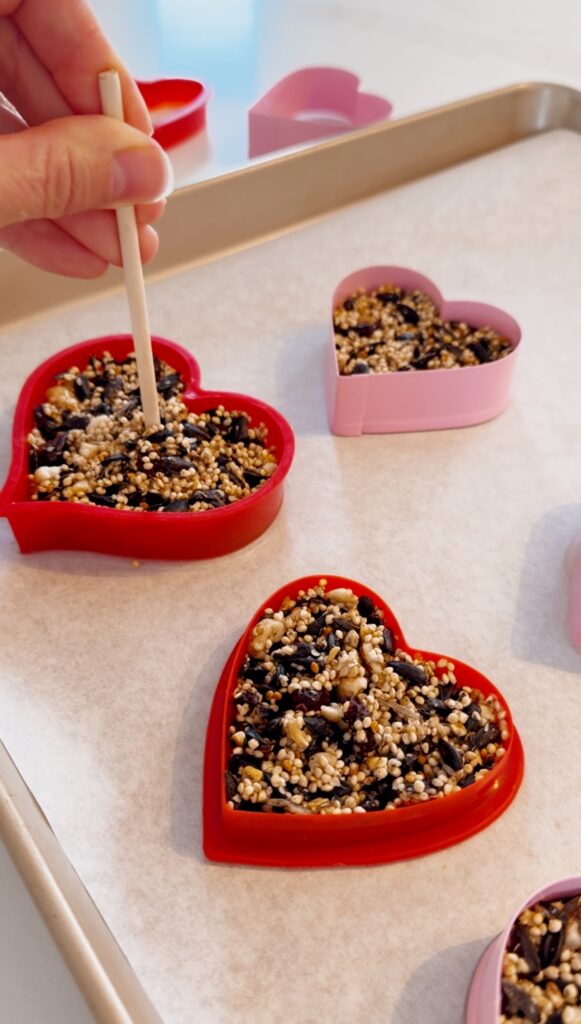 stir and gather making Valentine themed bird feeders
