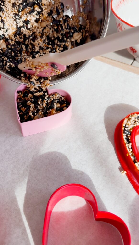 stir and gather pouring bird seed into heart shaped cookie cutter