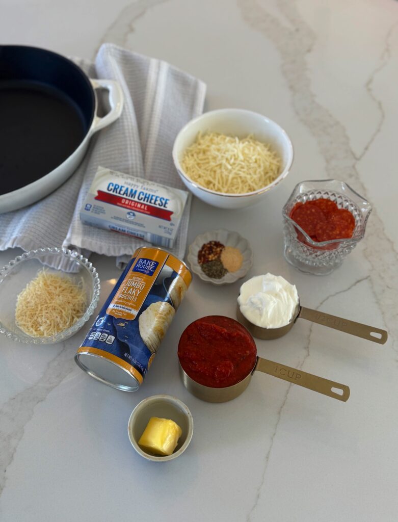 stir and gather pizza dip making ingredients